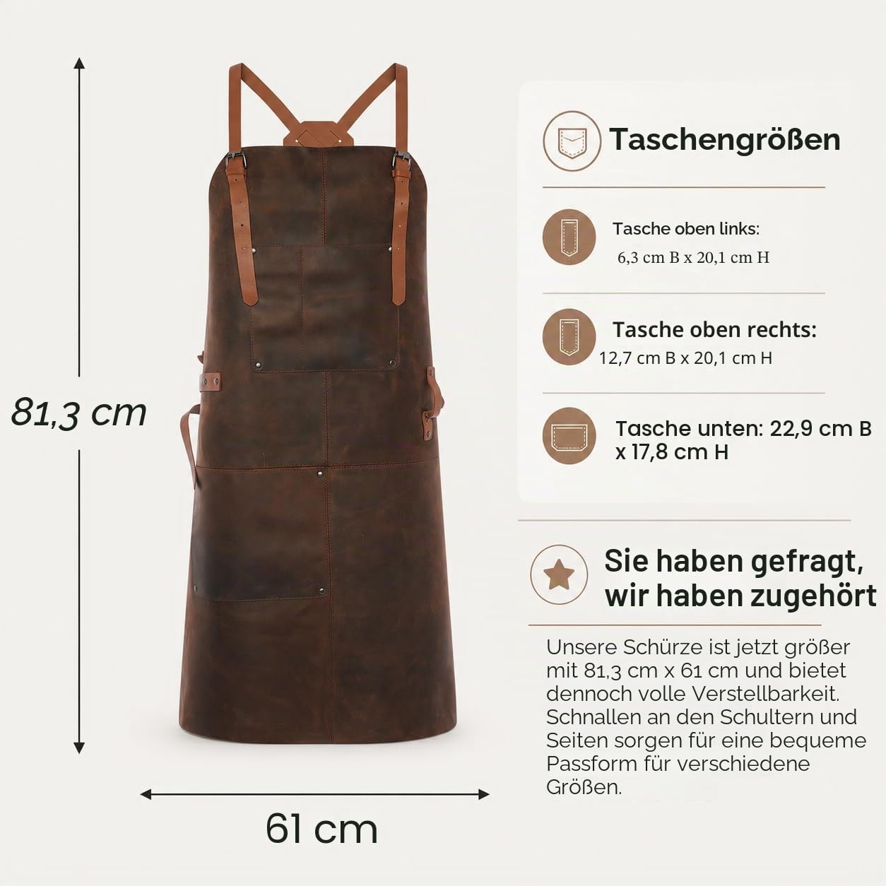 Theodore Lederschürze mit überkreuztem Design für Komfort. Toll als Grillschürze, Kochschürze, Holzbearbeitungsschürze oder Werkstattschürze. Entworfen mit 2 Taschen für Werkzeuge
