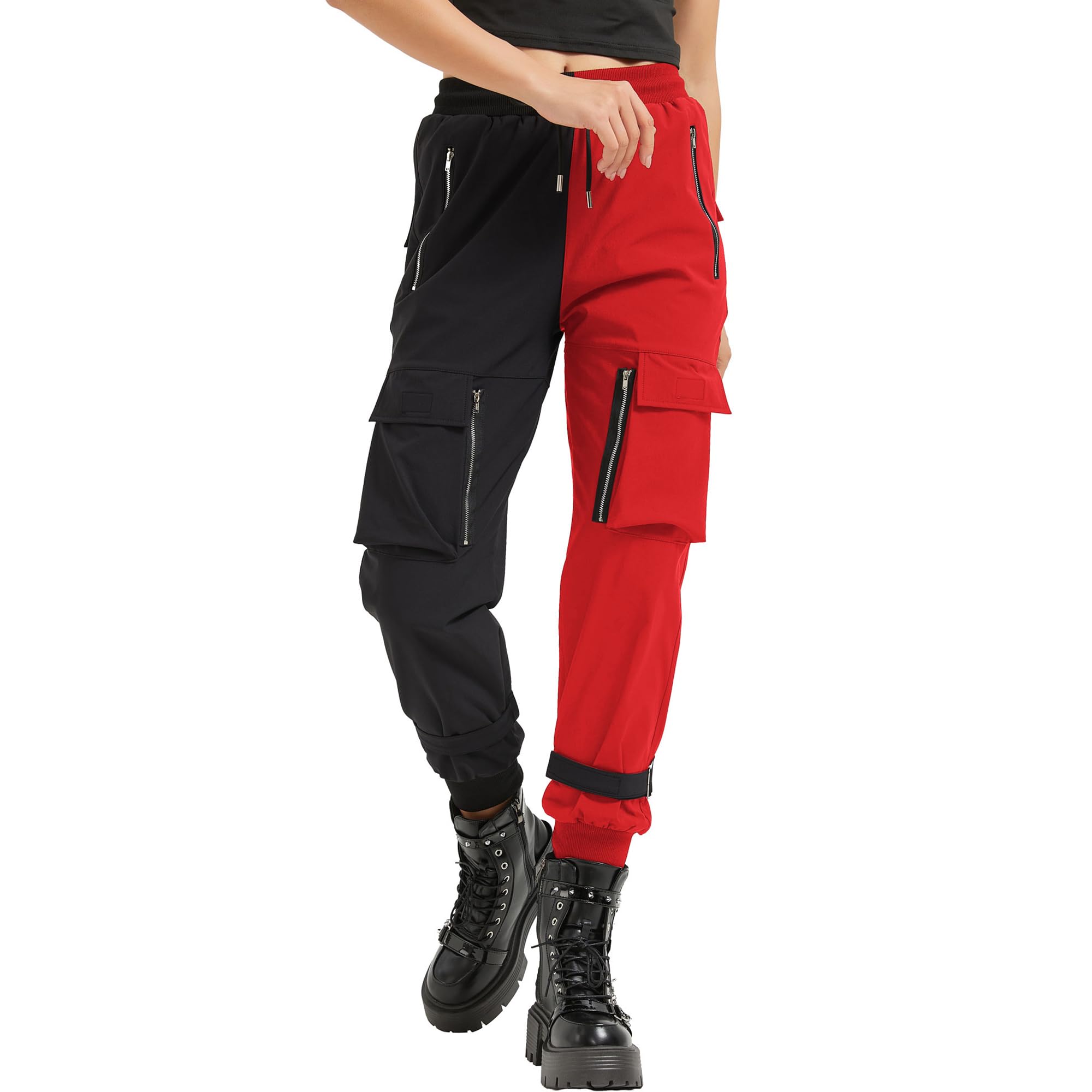 MEINVQIAOTI Schwarze Cargohose für Damen, lockere Kettenhose, mehrere Taschen, Multi-Reißverschluss, Punk, Gothic-Hose
