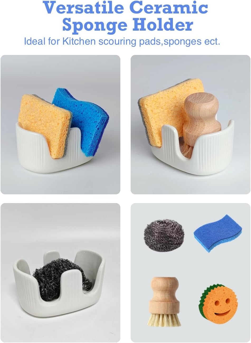 Ceramic Sponge Holder, 2-Slot Dish Sponge Holder for Kitchen Sink, Keeps Sponges Dry & Countertop Clean, Rust-Free & Dishwasher Safe, Stylis Design, Dishwasher Safe, White