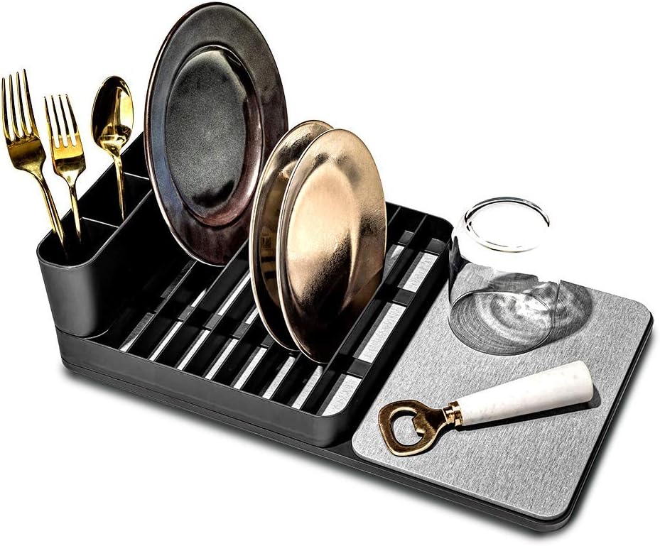madesmart Dish Rack-Granite, Drying Stone Collection, Accelerates Moisture Evaporation, Natural & Mineral Materials, Non-Slip Base,Black