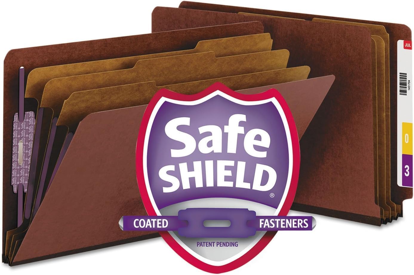 Smead 100% Recycled End Tab Pressboard Classification File Folder with SafeSHIELD Fasteners, 3 Dividers, 3" Expansion, Legal Size, Red, 10 per Box (29865)