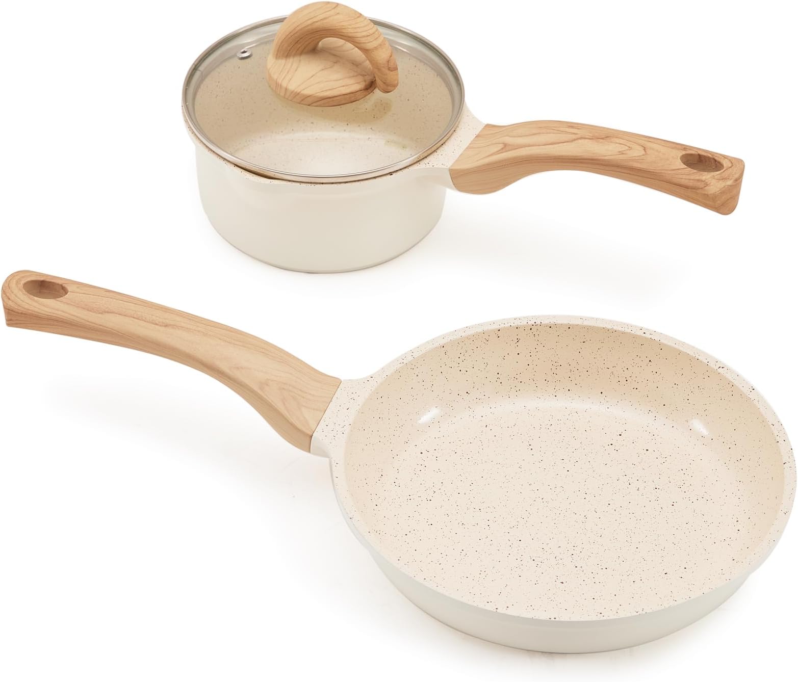 vkoocyPots and Pans Set Non Stick, Healthy Ceramic Cookware Set, 3pcs Kitchen Pots Frying Pan Saucepan, PFAS-Free, Cream