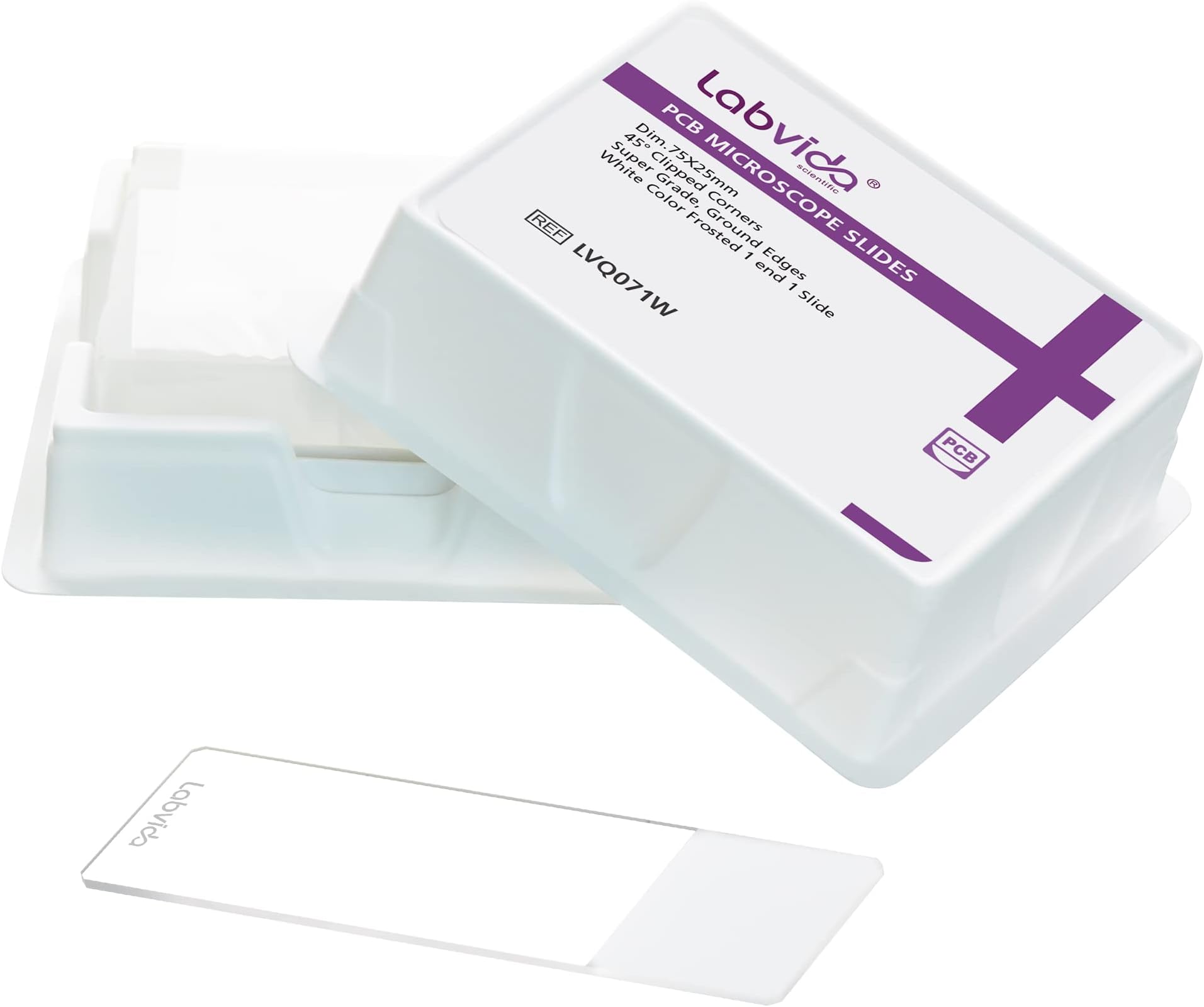 Positive Charge Microscope Slide, PCB Series, Super White Glass, Fine Polished Edge, White Color Marking Area, Corner 45°, Diameter 75.0X25.0X1.1MM, LVQ071W