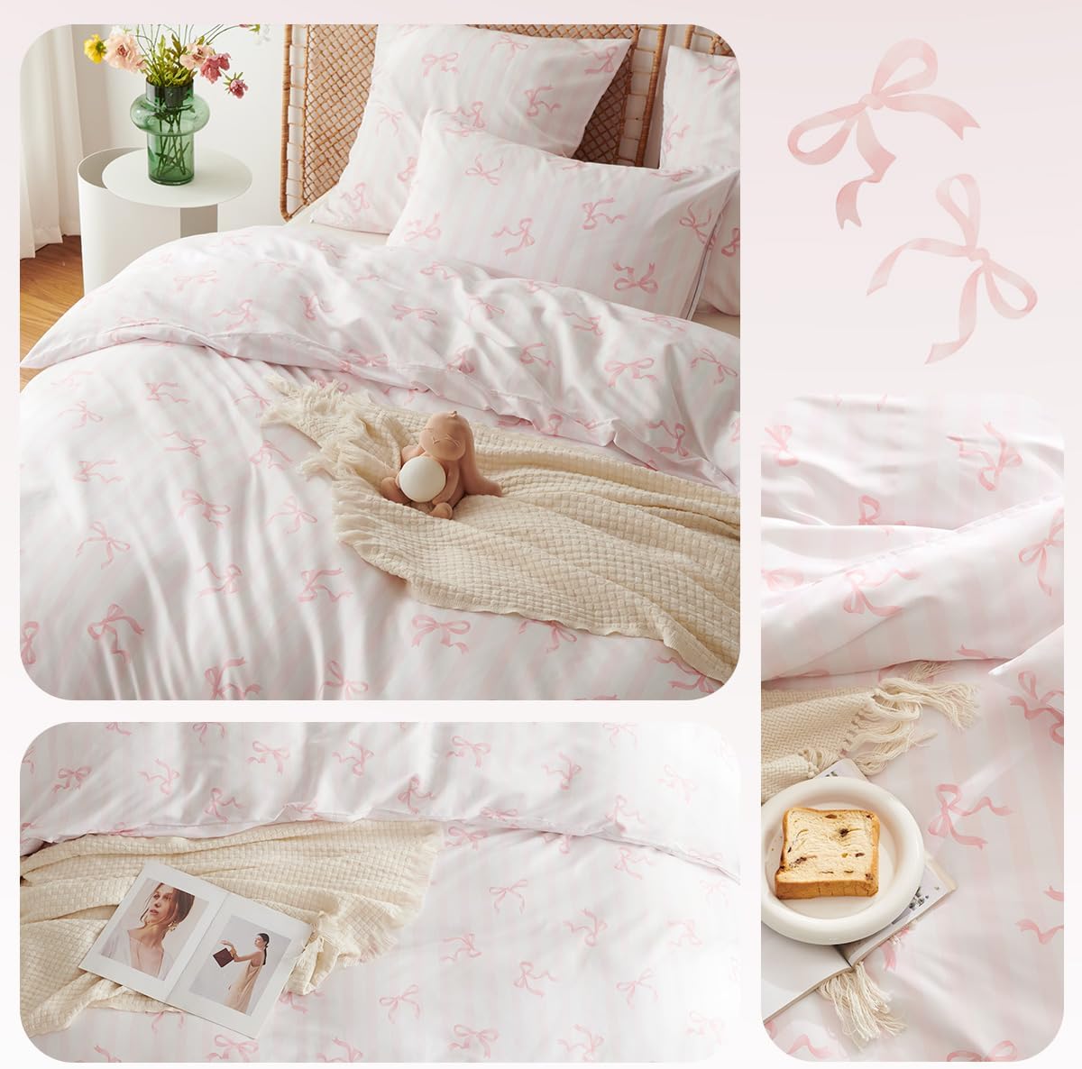 Girls Comforter Set Twin Size,2 Pieces Pink Bow Ties Comforter Bedding Sets Striped Pattern Back to School for Girls Kids,Soft Cozy Microfiber Comforter and 1 Pillowcase