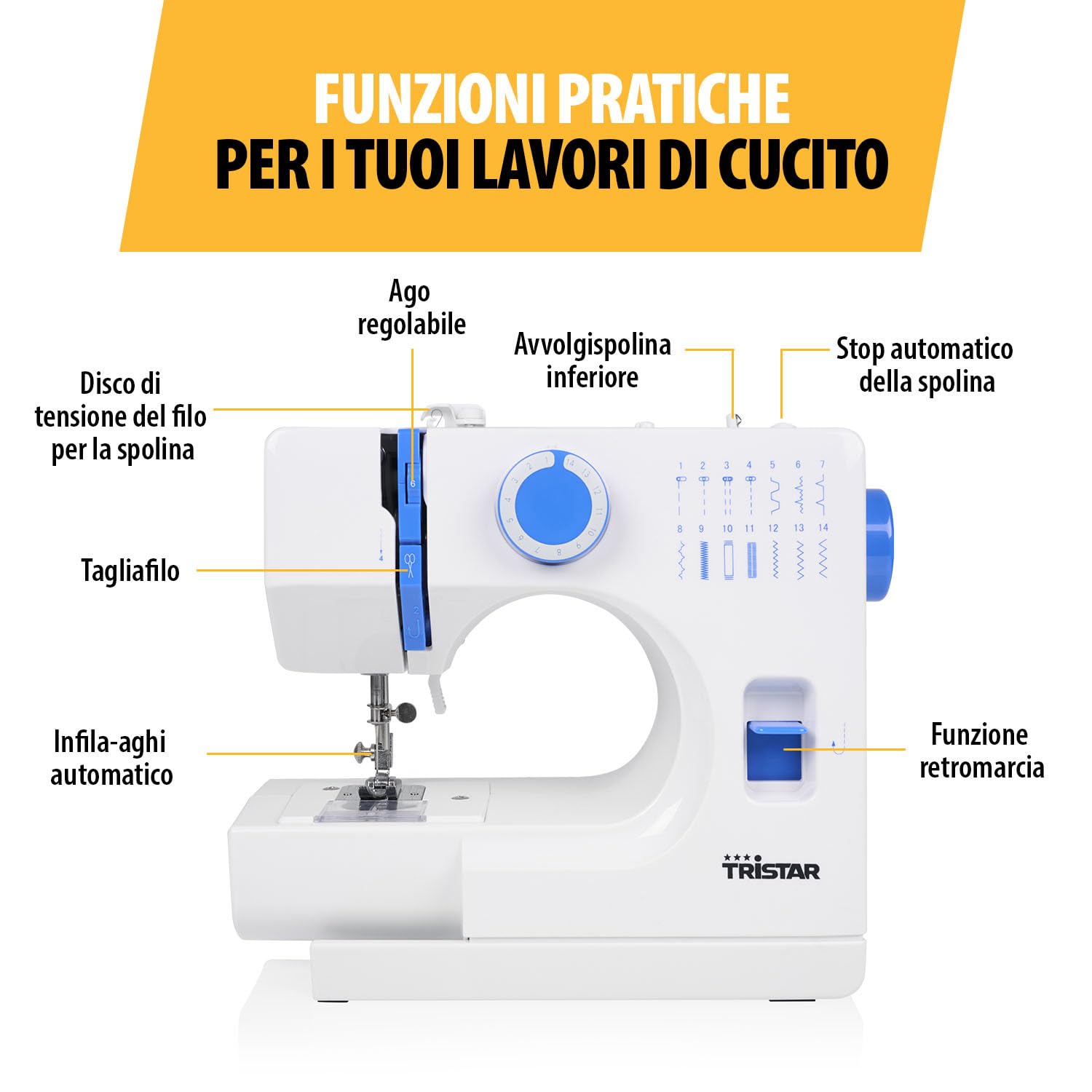 Tristar Macchina da Cucire, 14 Punti, Asola in 4 Fasi, Braccio Libero, Luce LED, Cucitura Inversa, Infila Ago Automatico, Tagliafilo, Con Copertura Protettiva, SM-6003
