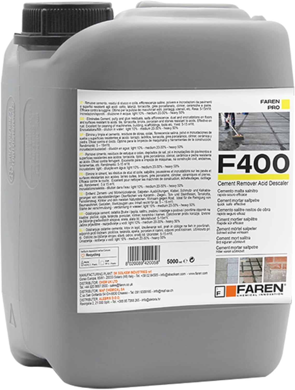Faren F400, Disincrostante Concentrato Elimina Cemento, Malta, Calcare, Ossidazioni,ideale per Pavimenti e Metalli,5lt