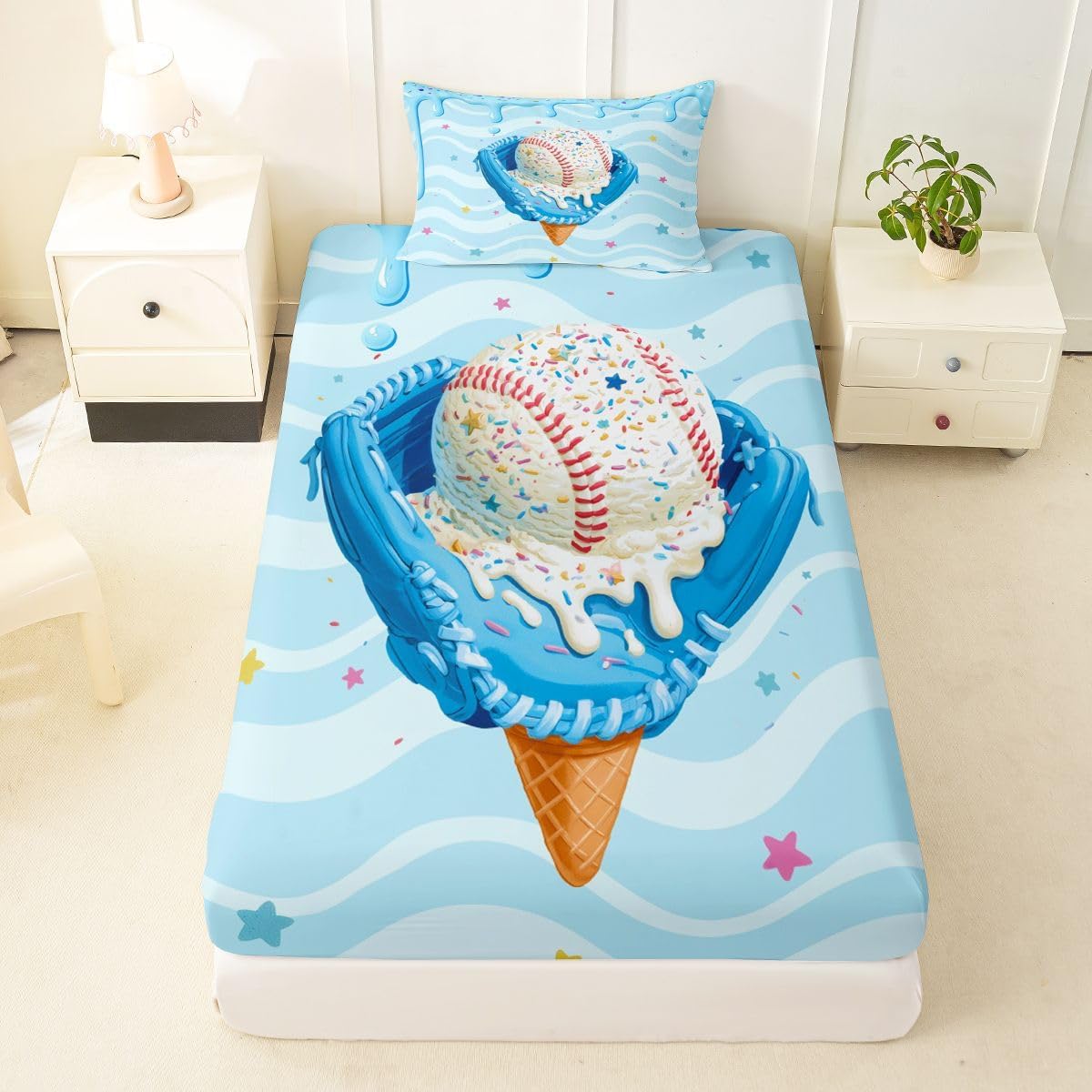 Erosebridal Cartoon Baseball Fitted Sheet Twin Size
