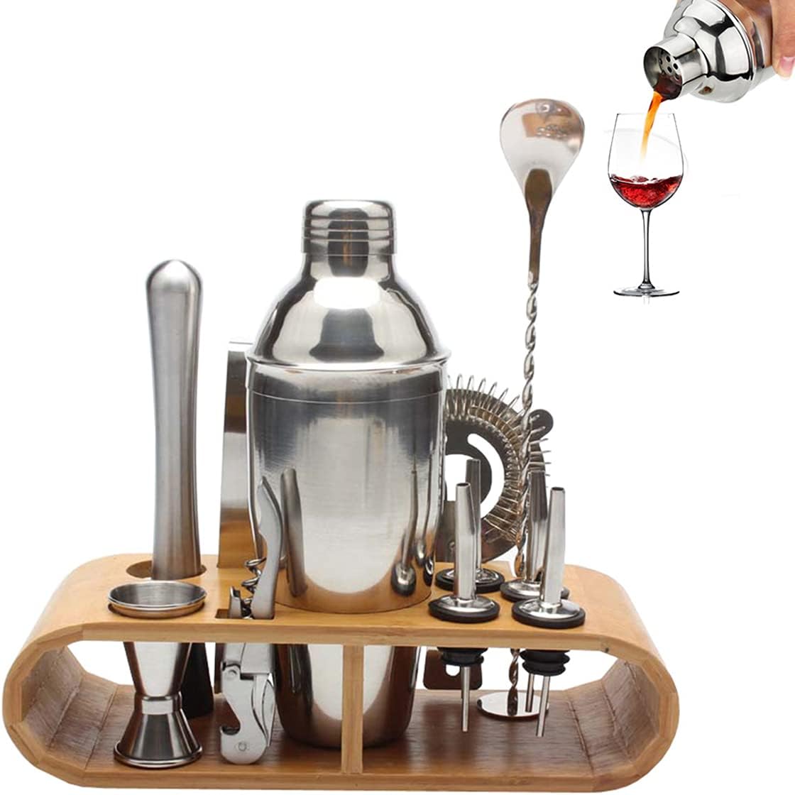 Set Profesional para Coctelería con Coctelera de Acero Inoxidable y Soporte de Madera