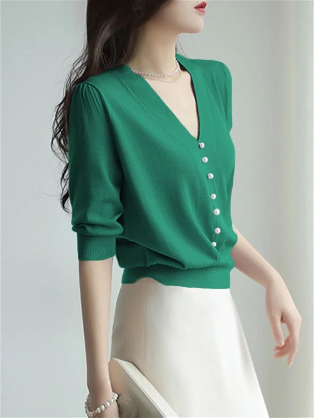 Hauts d'été en tricot à boutons perlés pour femme Col en V Slim Tricoté Décontracté