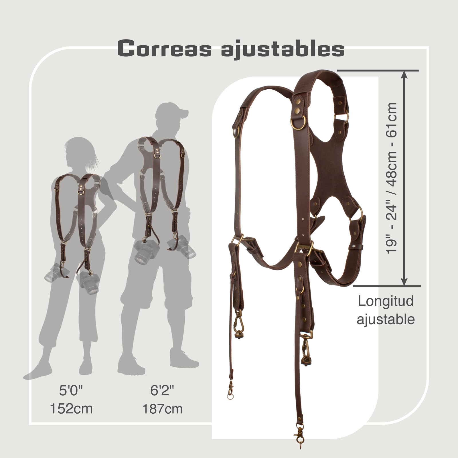 Correa Doble Para CáMara,ArnéS De Cuero Para FotóGrafos,Marrón | Arnés doble de cuero de grano completo para dos cámaras, bandolera doble ajustable con patrón en X para DSLR/SLR