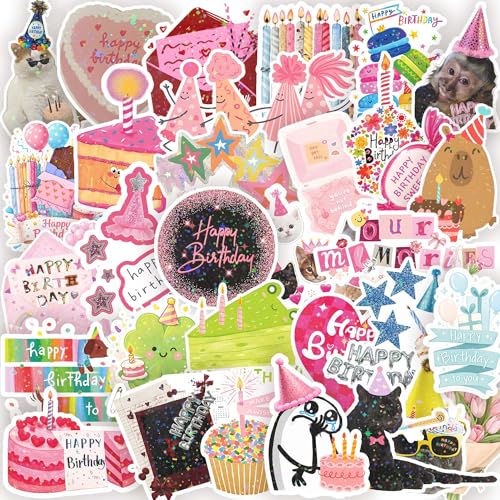 112PCS Happy Birthday Stickers Cute Waterproof Vinyl Birthday Stickers for Adults Birthday Party Supplies Scrapbooking Cards Laptop and Water Bottle Decorations