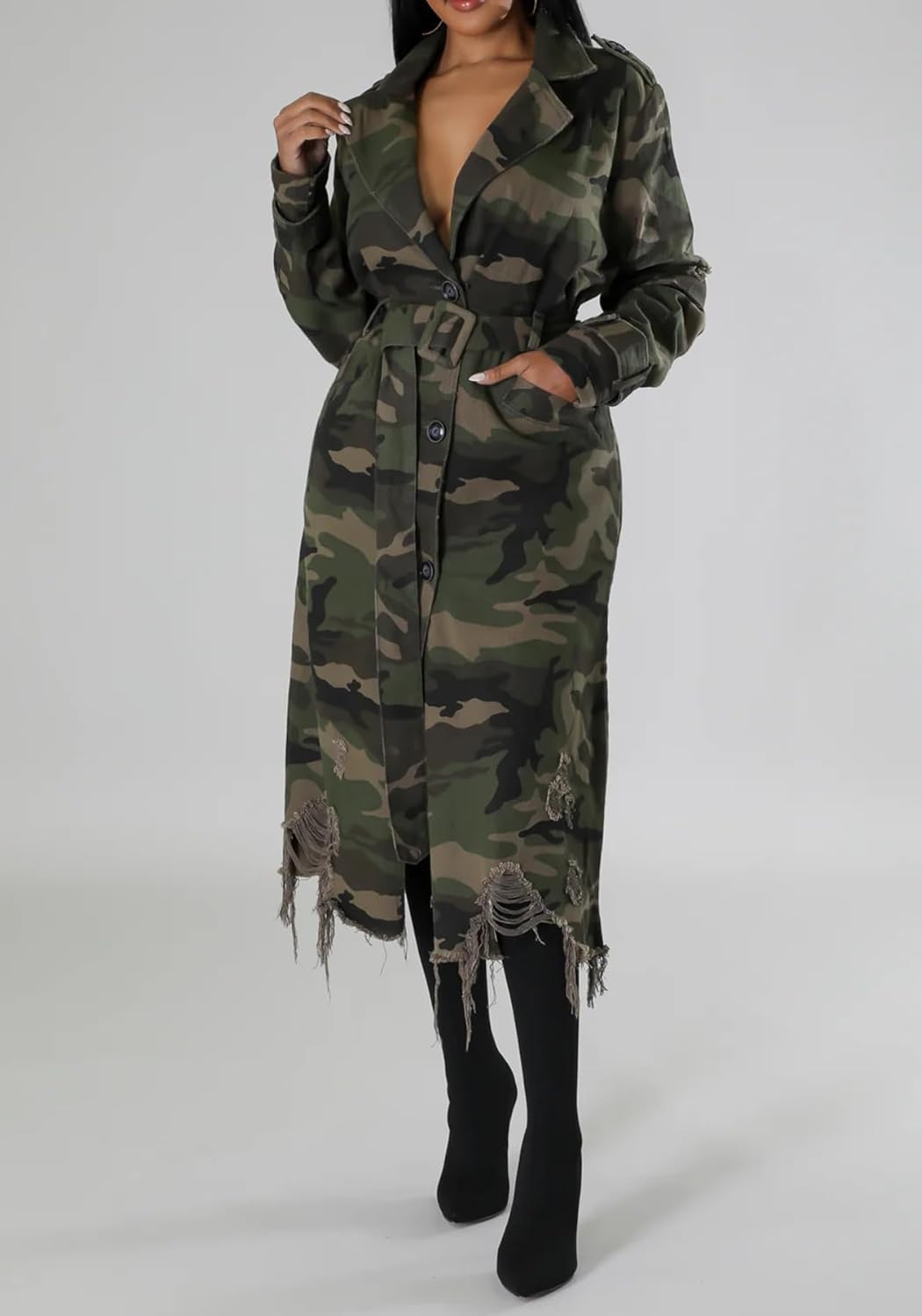 Geulis Women’s Camo Trench Coat Distressed Fray Hem Long Overcoat Army Fatigue Camouflage Jackets with Belt - Image 2