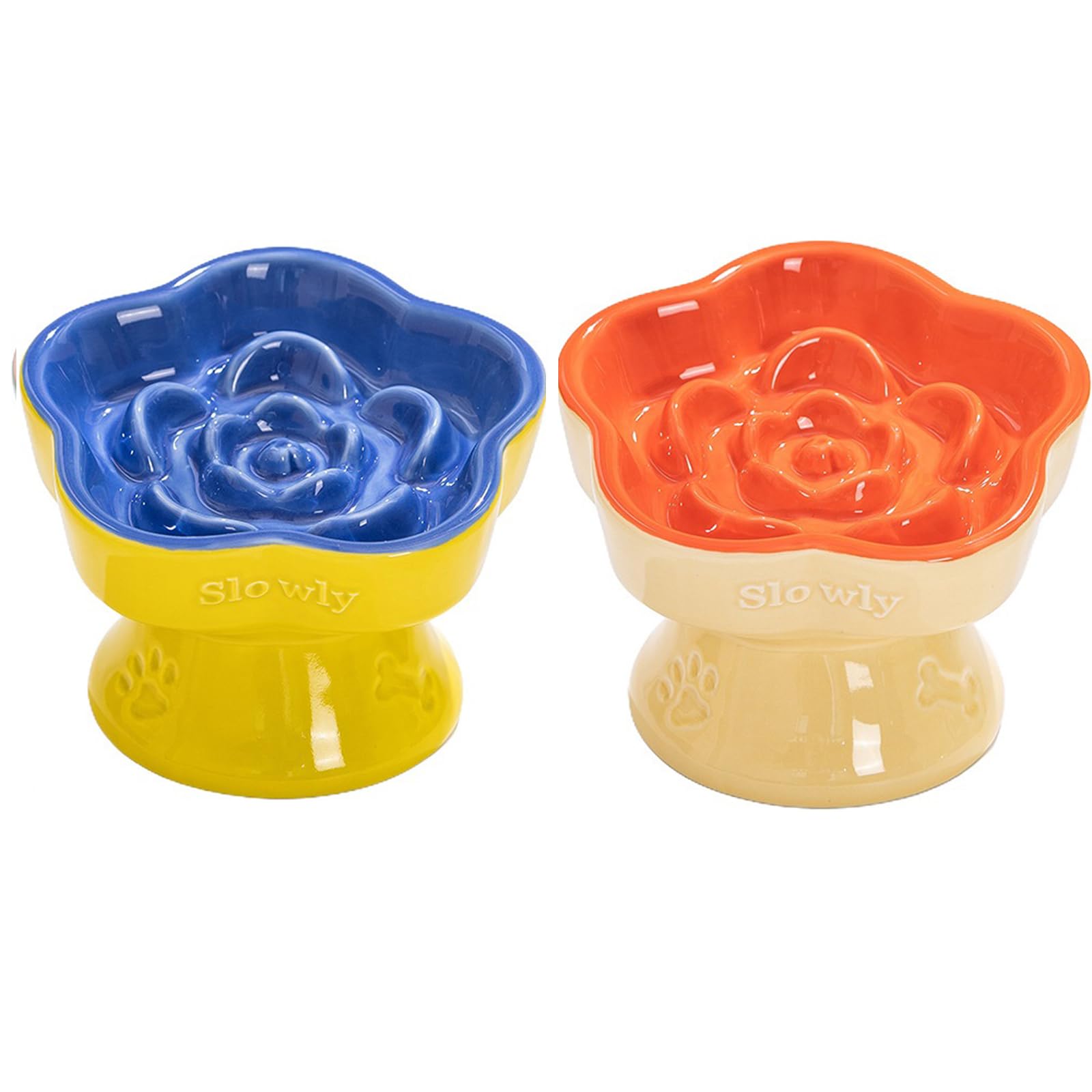 2pcs CERAMICS Raised Slow Feeder Cat Bowl (Blue&Orange)