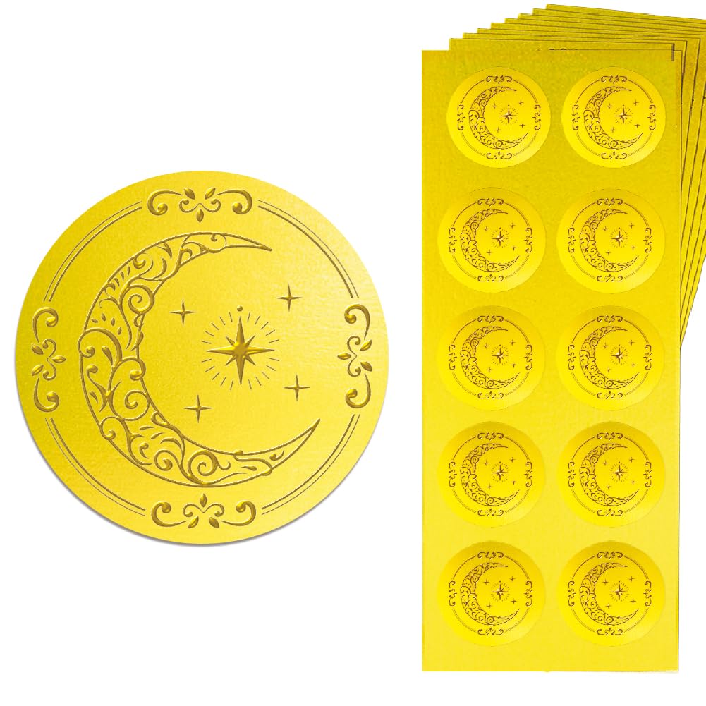 Peacoblue Gold Embossed Sticker Seal 1.4 Inch 150Pcs Moon and Star, Self Adhesive Golden Around Embossing Decals for Party Favors Invitation Envelope