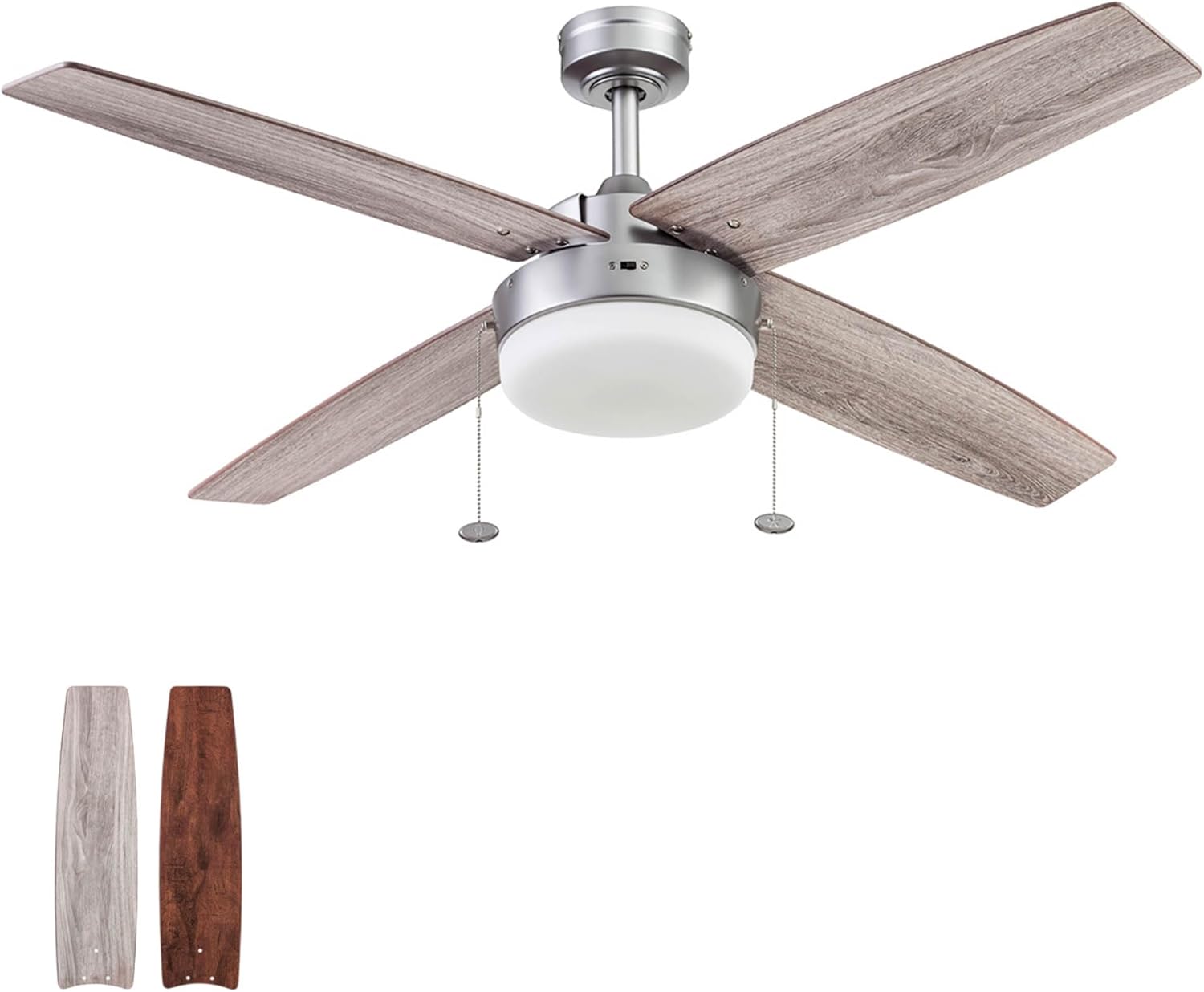 Prominence Home Memphis, 52 Inch Contemporary Indoor LED Ceiling Fan with Light, Pull Chain, Dual Mounting Options, 4 Dual Finish Blades, Reversible Motor - 51652-01 (Pewter)