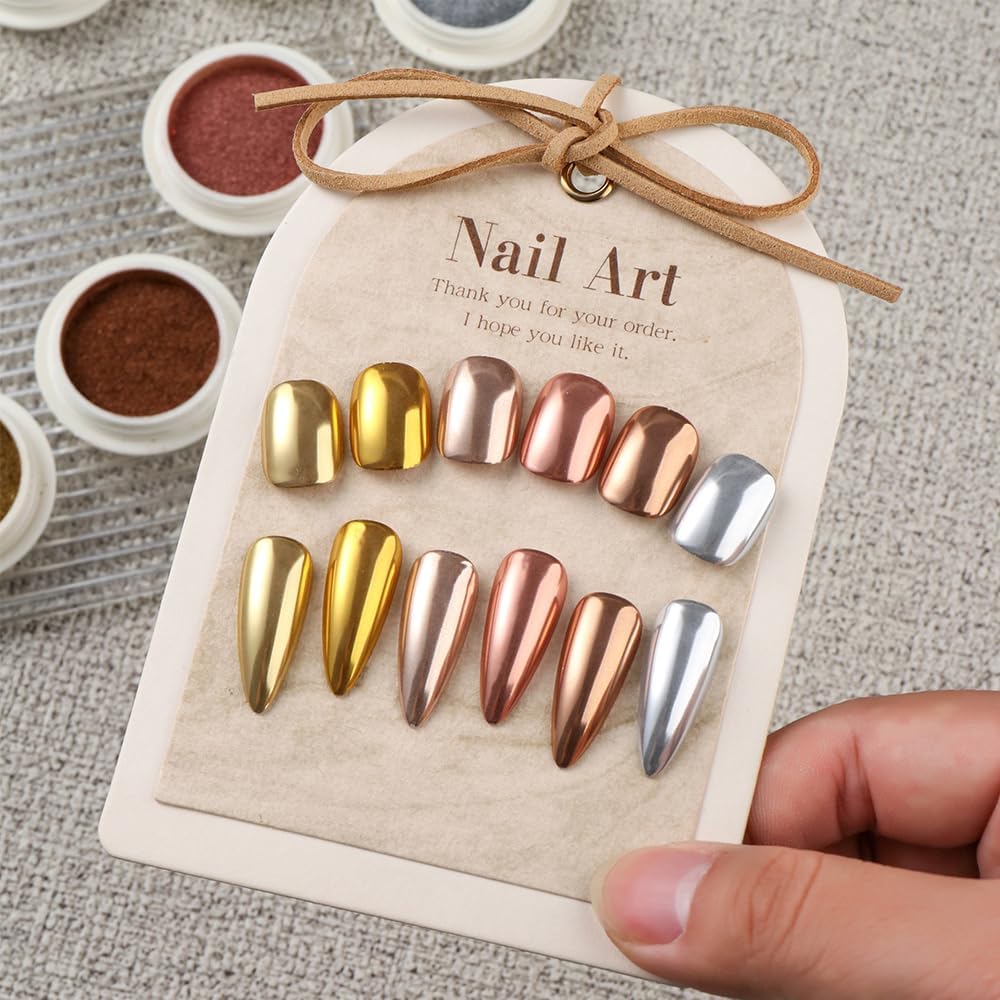 6PCS Chrome Nail Powder Metallic Mirror Pigment Glitter Effect Holographic Powder for Nails, Rose Gold Silver Champagne Rubbing DIY Dust for Nail Designs Decoration Supplies