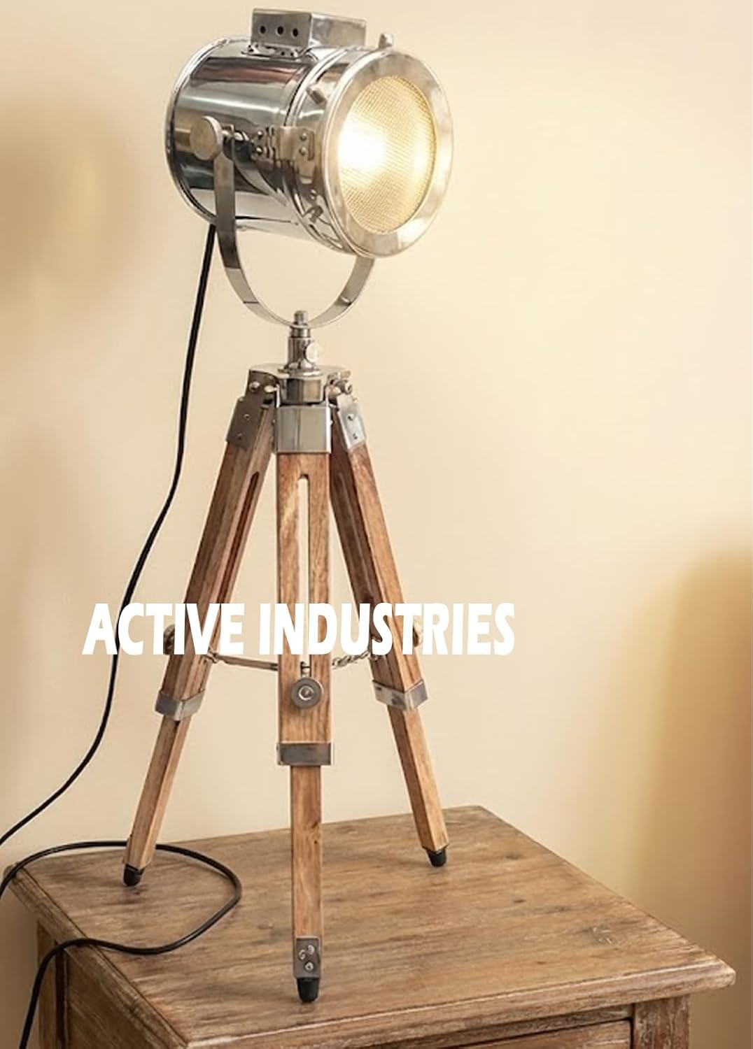 30 Inch Vintage Industrial Spotlight Floor Lamp | Adjustable Wooden Tripod Stand with Retro Studio Searchlight Design | Movie-Style Home Decor Light for Living Room, Office & Studio