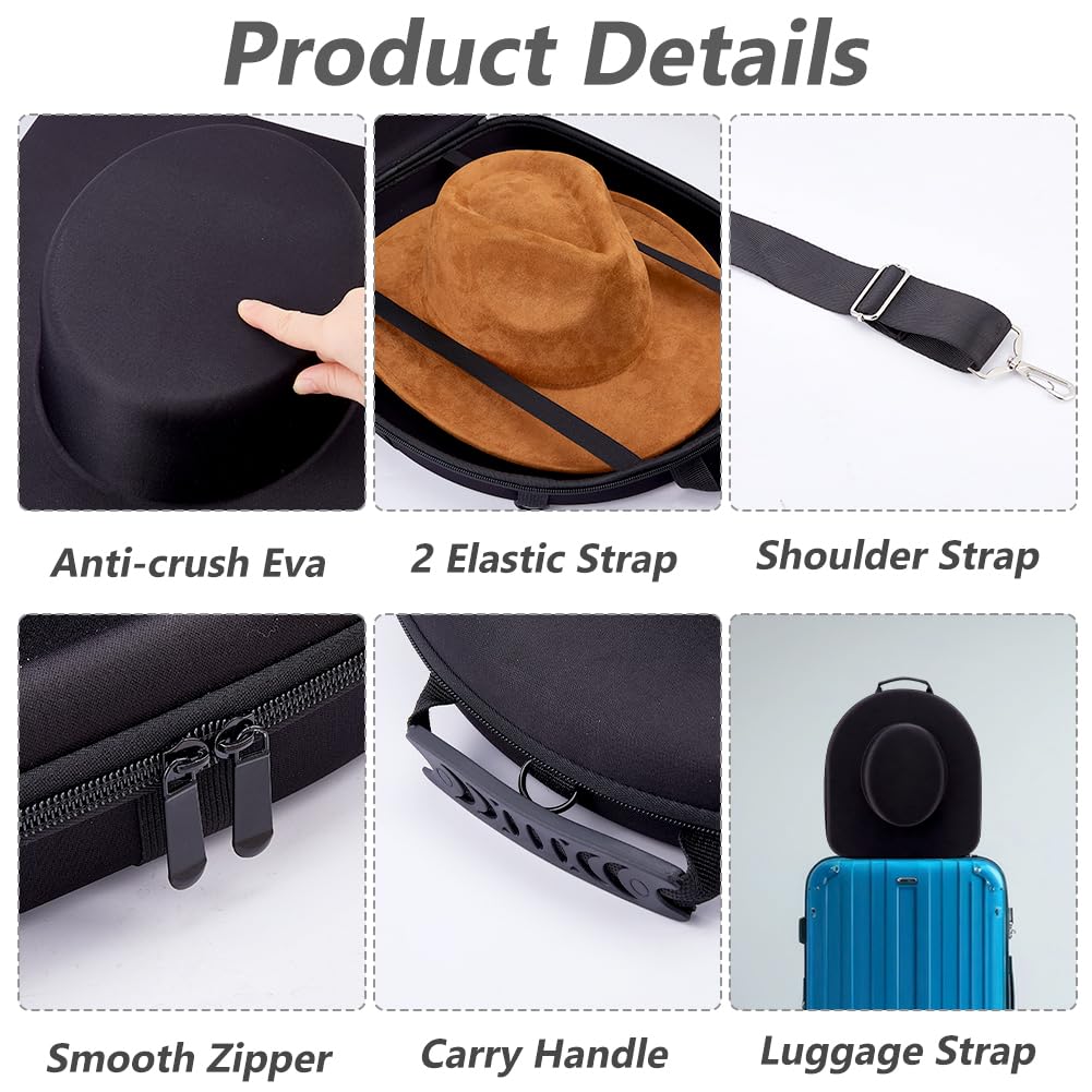 DICOSMETIC 43 x 39,5 x 13,7 cm, grande cappello da cowboy, in EVA, impermeabile, con tracolla regolabile, per cappello da cowboy, colore nero