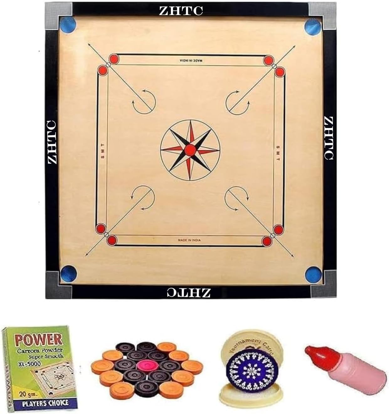 ZHTC Carrom Board Full Size 32X32 inch Glossy Polish with Coin,Stricker, Powder Free, (32"x32" Full)