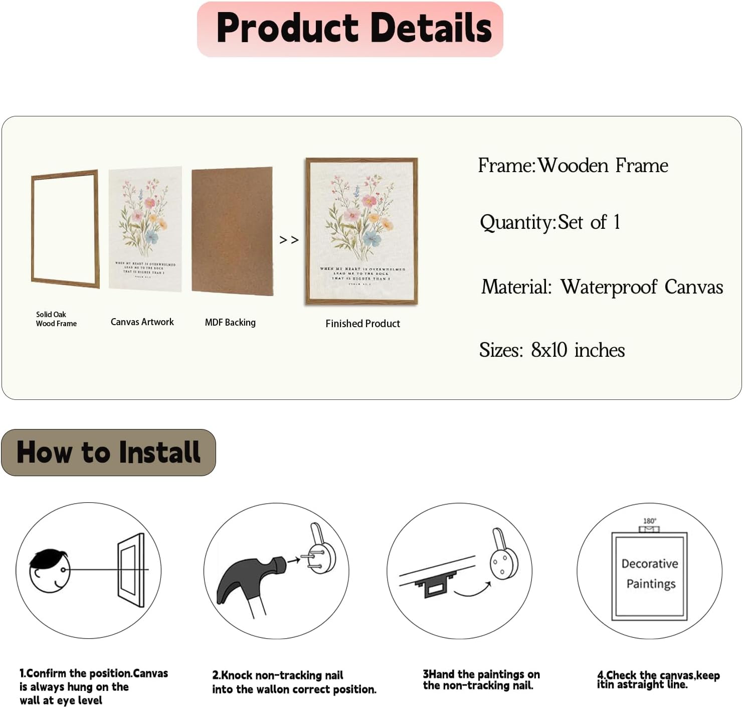 Christian Scripture Canvas Wall Art 12x16 Inch Psalm 61:2 Bible Verse Wall Decor, Boho Floral Religious Artwork for Prayer Room, Church, Office, Home, Wood Framed