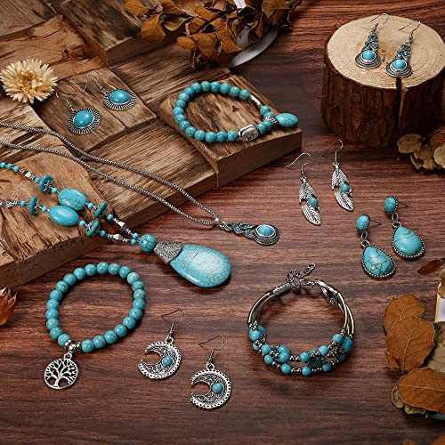Florideco Bohemian Jewelry Set - Women's Western Turquoise Pendant Necklace, Layered Wrap Bangle, Vintage Turquoise Dangle Earrings - Boho Style2
