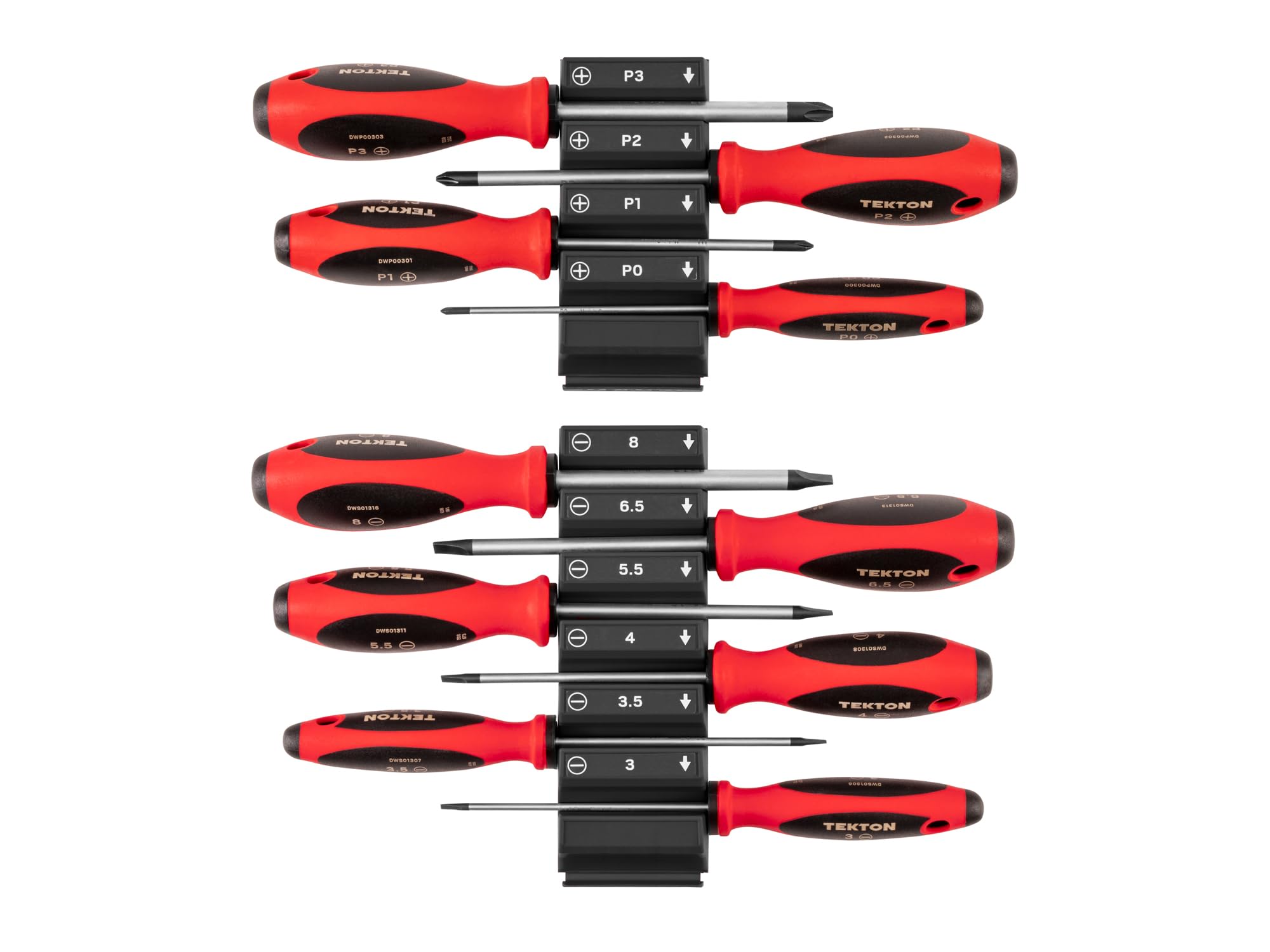TEKTON Zestaw śrubokrętów krzyżakowych i szczelinowych z modułowymi organizerami - 4-calowe trzpienie, 10-częściowy (#0-#3, 3-8 mm) | DWZ90106