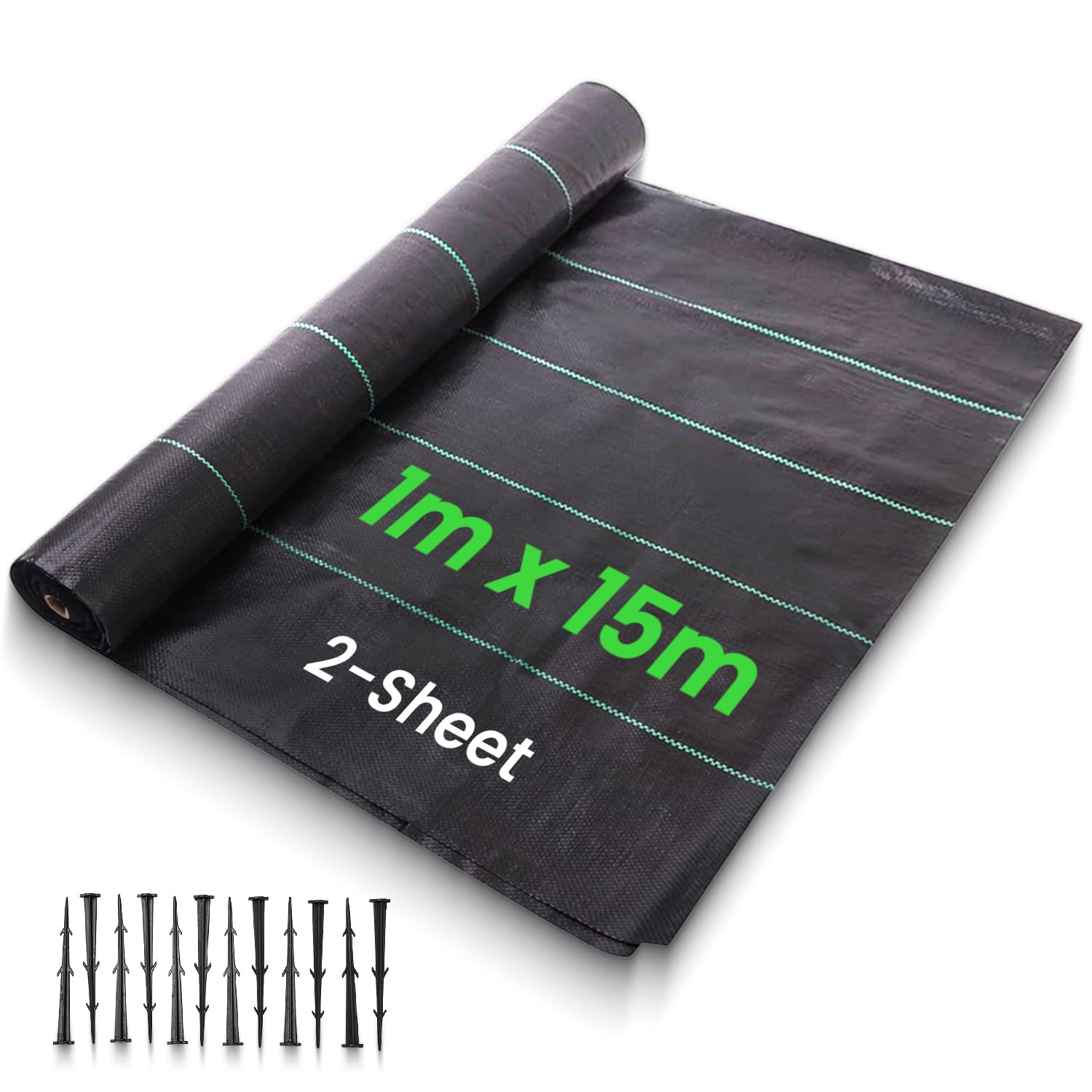 Brackit Weed Barrier Fabric Heavy Duty 2 Sheets (1m X 15m) with 12 Pegs – Garden Fabric Weed Barrier Landscape Fabric Weed Control Mat- Breathable, Uv Resistant Ground Cover for Plants, Paths & Patios
