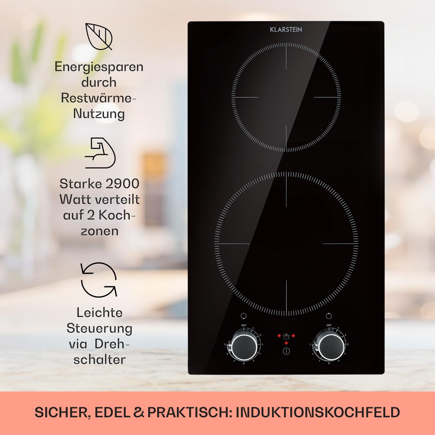 Klarstein Induktionskochfeld, Herd mit 2 Kochfelder, 2900W Induktion Einbauherd, Moderner Einbau-Induktionskochfeld mit 2 Platten, 2 Felder Glaskeramik, Elektro Kochfeld, Schwarz