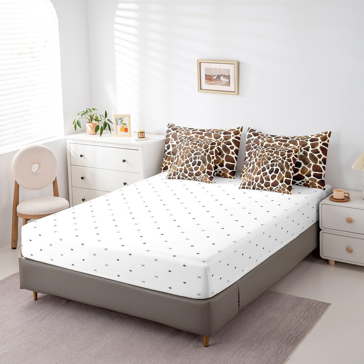 Feelyou Giraffe Print Comforter Set 7 Pieces Twin Size Kids Giraffe Fur Texture Print Bedding Set Zoo Farmhouse Bed Set Bed in a Bag with Comforter, Sheets, Pillowcases & Cushion Covers （No Real Fur）