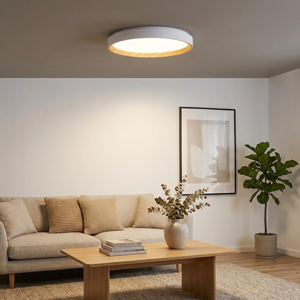 Alpinaluz plafon LED sufitowy Ø48 cm 40W z regulacją barwy światła CCT 3000K 4000K 6000K, biały akrylowy z efektem drewna, nowoczesny i elegancki design do salonu, sypialni i kuchni