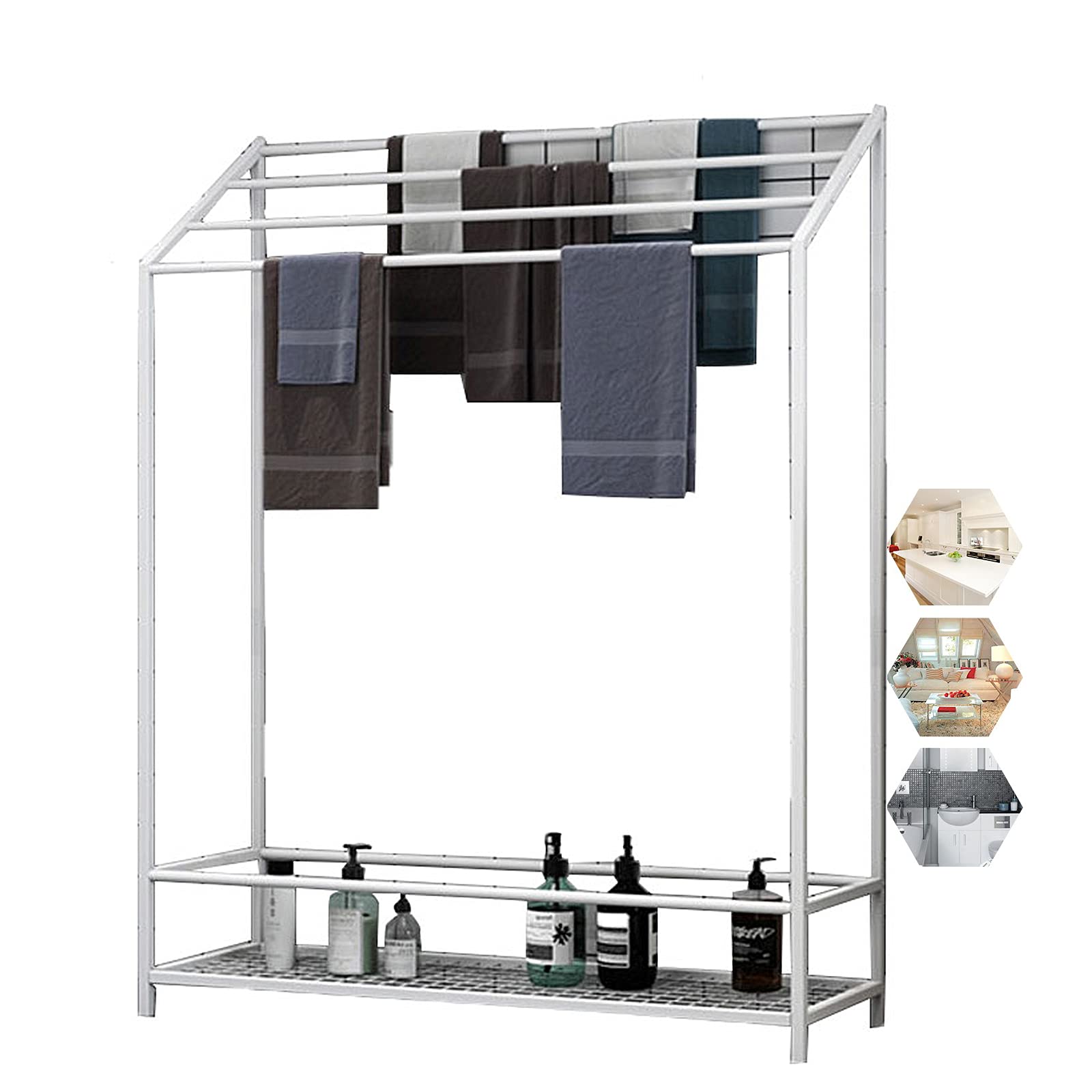 Porte-serviettes de salle de bain sur pied en inox blanc pour un séchage rapide