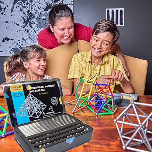 Cms Magnetics - (210-Piece Silver Magnetic Building Set Tin Box Case Sticks Construction Toy Stem Educational Learning Activity For Brain Development, Creativity, Imagination, Attention Span #TOP9