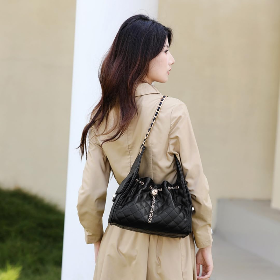 Women’s Classic Quilted Shoulder Bags Chain Strap Handbags Suede Tote Crumpled Purse Slouchy Hobo Bag