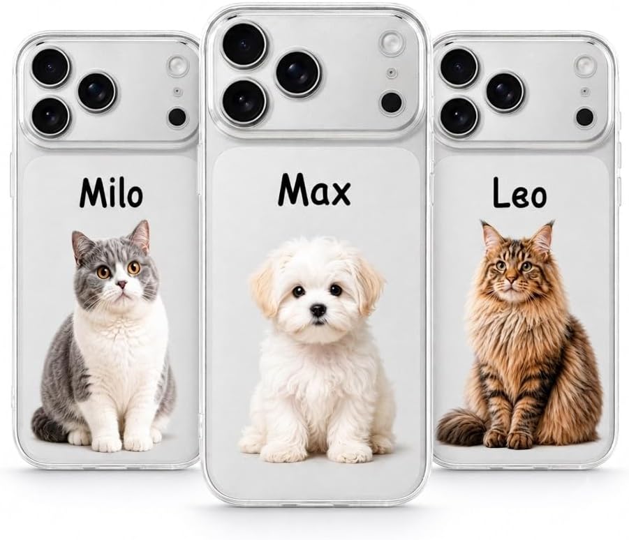 Customized pet photo phone cases, with names printed on them, personalized cat and dog photo phone cases, transparent or black shockproof TPU phone cases, a unique gift for pet lovers. (transparent)