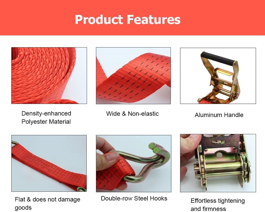 3.3-52' Long Ratchet Tie Down Strap, 1/1.5/2" Wide Heavy Duty Logistic Cargo Straps for Flatbeds Trailers Farms Rescues Tree Saver Boat Jet Ski(W 2",L 9.8')