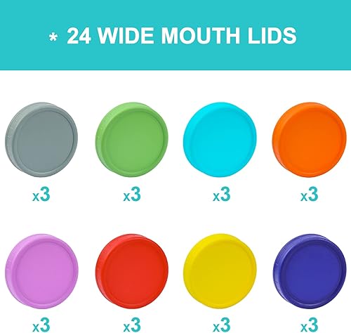 Miniatura 2 de Paquete de 24 Tapas para tarros Mason de boca ancha para bolas, Kerr y más, tapas de almacenamiento de plástico de colores para tarros de
