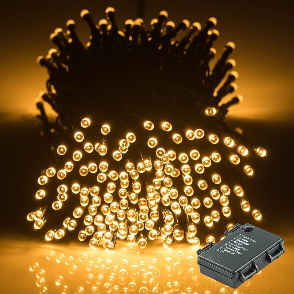 GlobaLink Christmas Fairy Lights Battery Powered, 40M/131FT 300LEDs Christmas String Lights, Waterproof Indoor Outdoor Xmas Lights with 8 Modes and Timer for Xmas Garden Party - Warm White