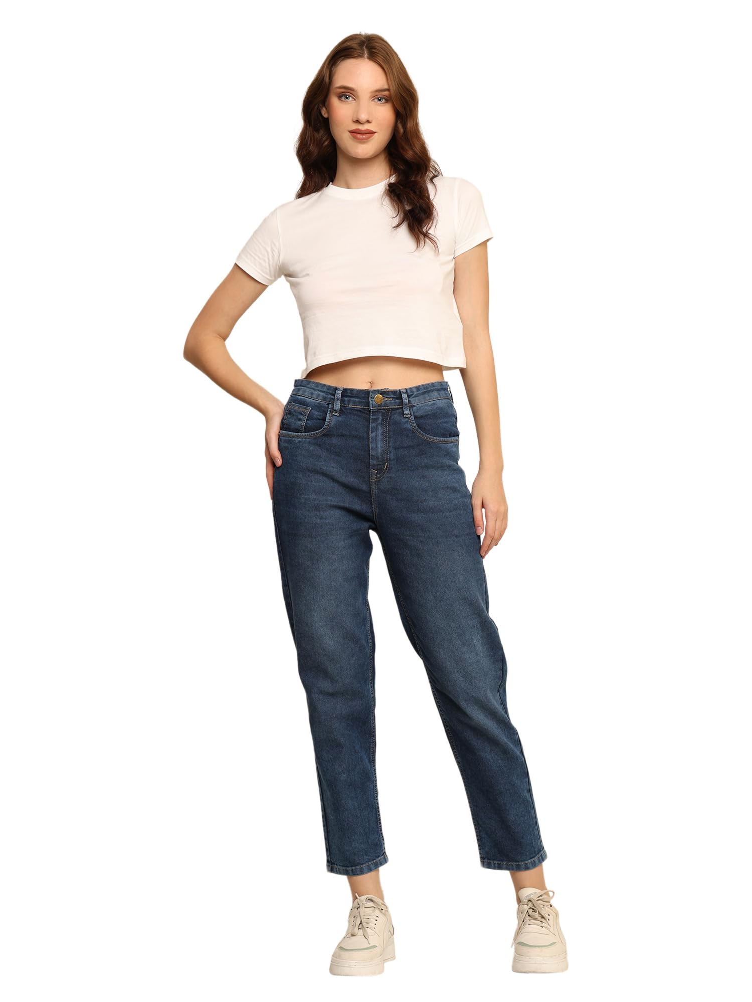 Janasya Women's High-Waisted Denim Mom Fit Jeans I Stretchable Ankle Length Clean Solid Relaxed Fit Pant I Stylish Pants with Curved Pocket for Office Party Home Girls in blue