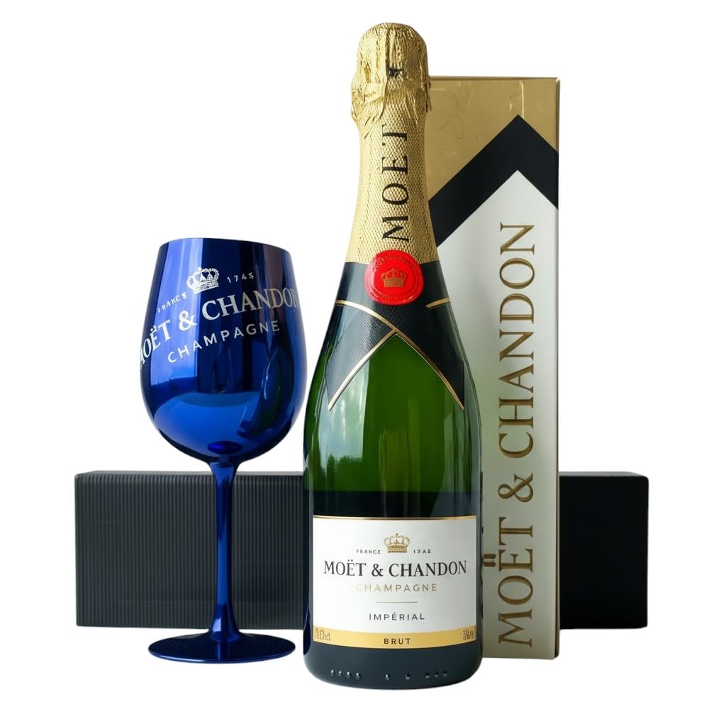 The Wine Guys - Moët & Chandon Champagner Brut Impérial Geschenkset mit edlem blauen Moët Glas – (1 x 0,75 l) Geschenkpaket