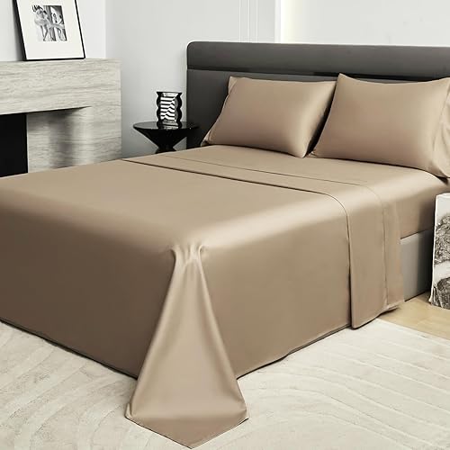 Miniatura 3 de PURE ERA Juego de sábanas de 800 hilos de algodón de fibra larga de satén sedoso, suave, lujoso, juego de 4 piezas, postre oscuro, beige, tamaño