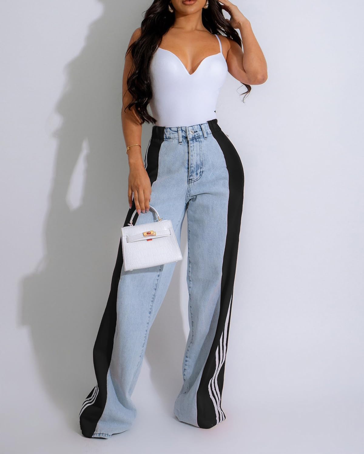 LONGBIDA Women's High Waisted Jeans Two Tone Stretchy Baggy Trendy Wide Leg Denim Pants - Image 4