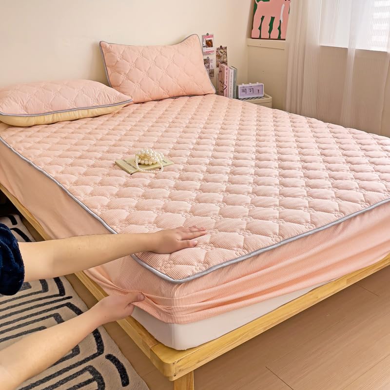 FCLDESHOP Fits Mattress Perfectly Soft Sheet,Thick Quilted Brushed Mattress Protector, Bedroom Hotel Homestay Vacation Home Solid Color Non-Slip Bed Sheets,Pink,150 * 200cm (3pcs)