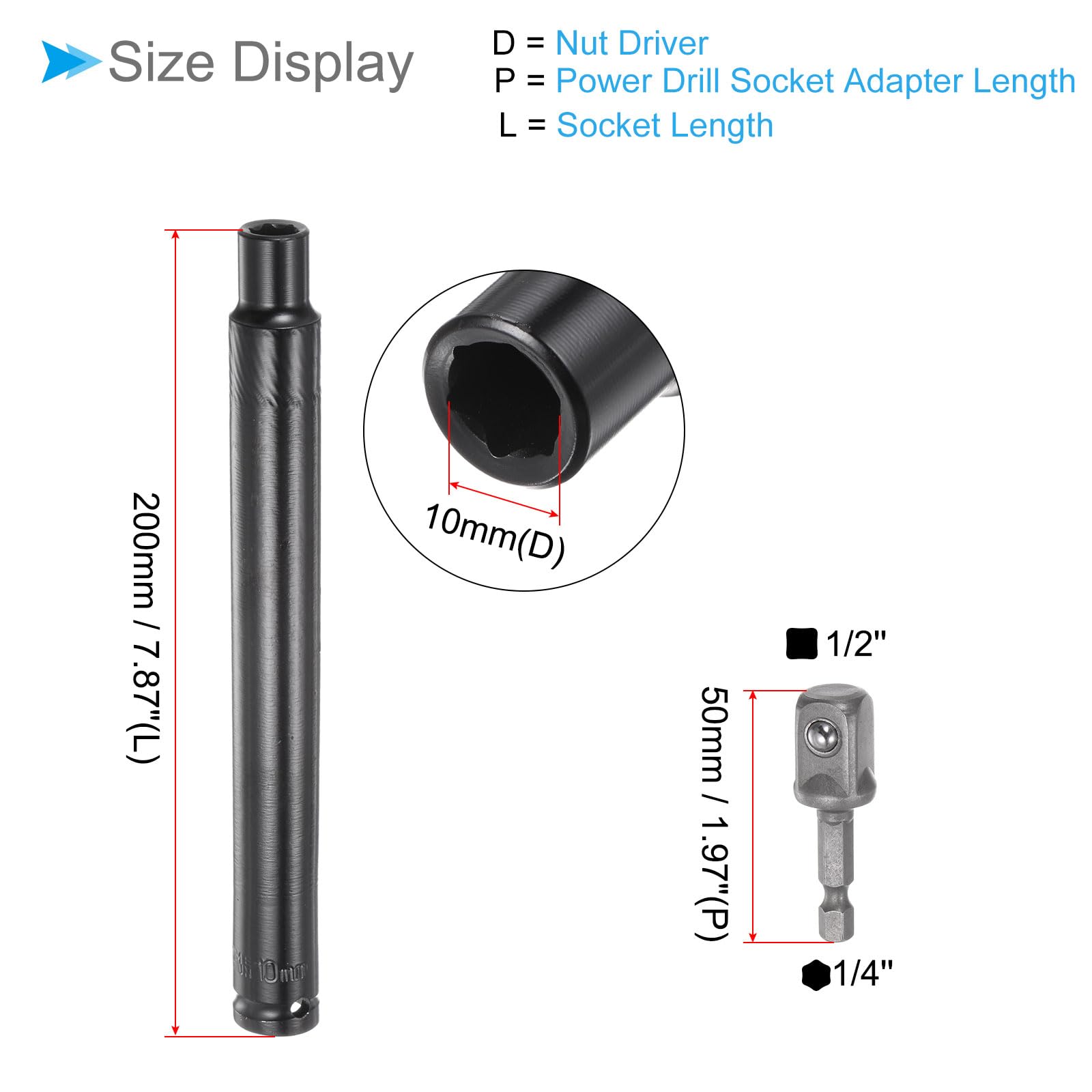 Llave de Vaso Hueca Extra Larga, Tamaño de 10mm, Longitud de 200mm, Vástago Hexagonal de 1/4", 6 Puntos, Adaptador de Tuerca de Potencia de Cambio Rápido para Pozo Profundo