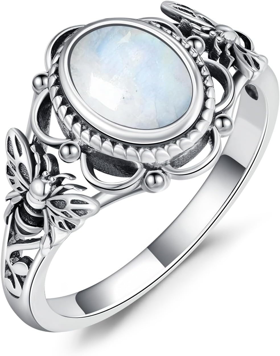 Bee Ring for Women, Sterling Silver Honeybee Ring with Natural Gemstone (Amethyst, Turquoise, Black Onyx, Moonstone, Amber), Boho Statement Jewelry Gift