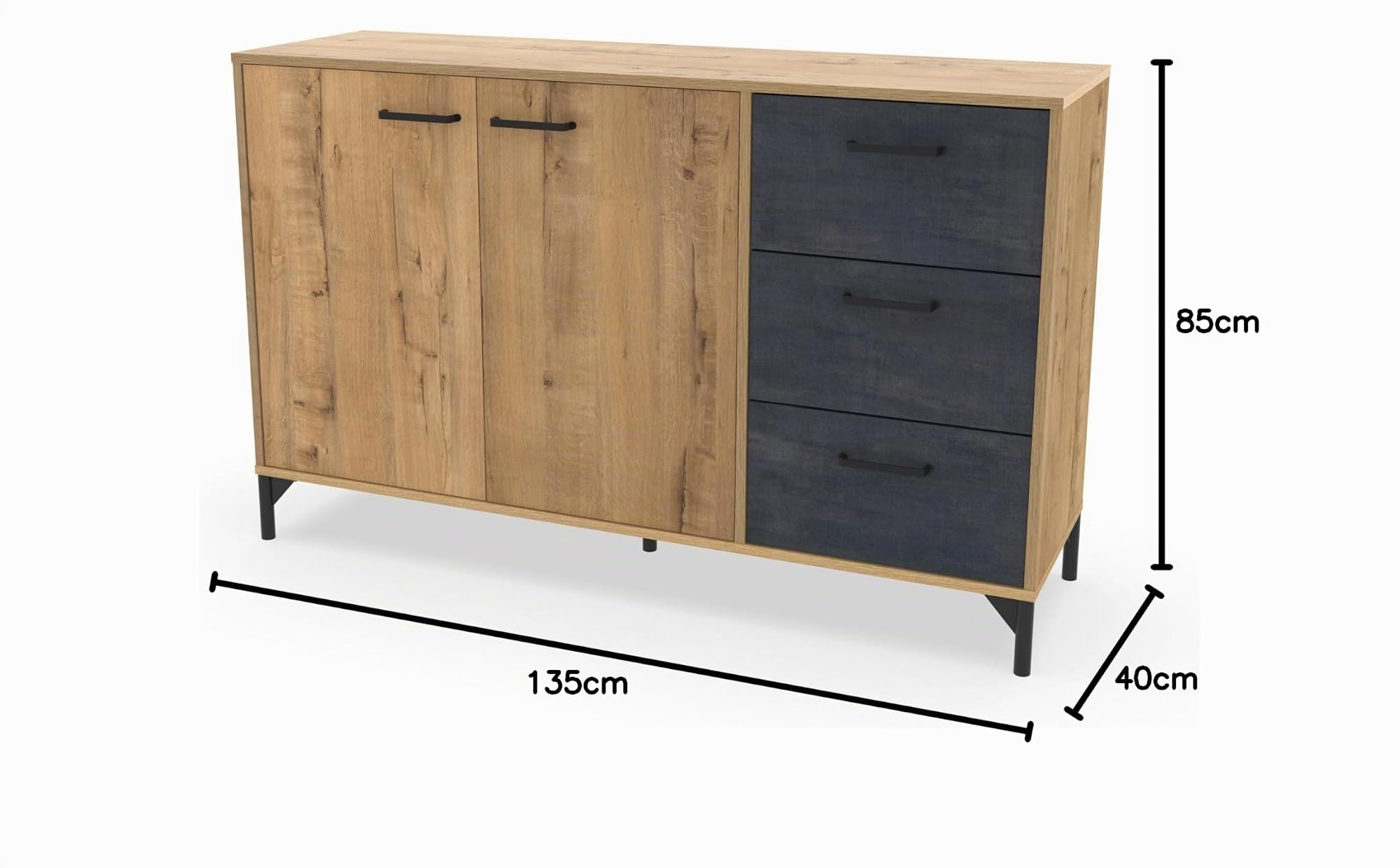 Aparador Salón Comedor, Buffet, Mueble Auxiliar, 2 puertas y 3 Cajones, Roble Gold combinado con imitacón mármol negro, 85x135x40cm, Despensa, Cocina, Despacho, Moderno, Industrial, modelo Nantes
