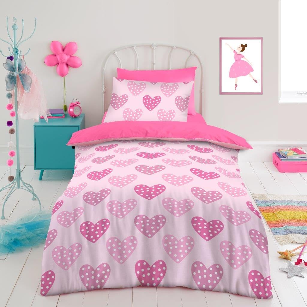 Lions Girls Bedding Set - 100% Microfibre Polyester, Kids Love Hearts Duvet Cover Set Single Szie with Matching Pillowcase, Reversible Printed Quilt Covers, Easy Care, Pink, 137x200cm