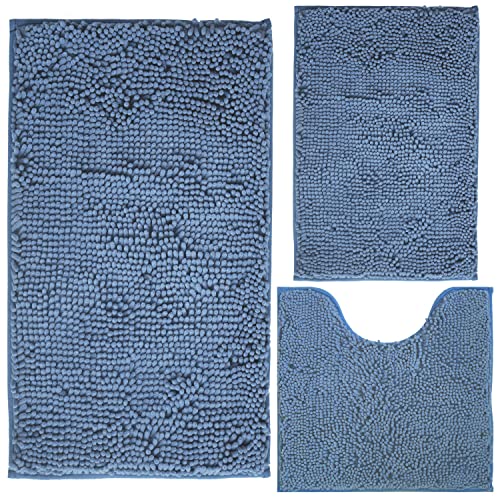 Image of Bathroom Rugs Chenille 3-Piece Extra Soft and Absorbent Shag Bathroom Rugs, Machine Wash Mat, Strong PVC Non-Slip Underside, Plush Carpet Mats (Deep Blue)