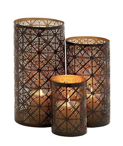 Image of Deco 79 Metal Geometric Indoor Outdoor Candle Lantern Decorative Lantern Candle Holder, Set of 3 Lantern 12 inch, 10 inch, 6 inchH, Dark Brown
