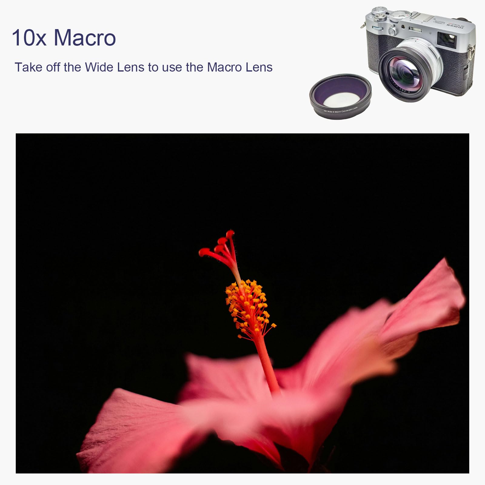 FotoZ Obiettivo di conversione per Fujifilm X100V / X100VI, 49 mm 0.75x grandangolo e macro 2 in 1 obiettivo con paraluce, obiettivo e anello adattatore filtro (nero)