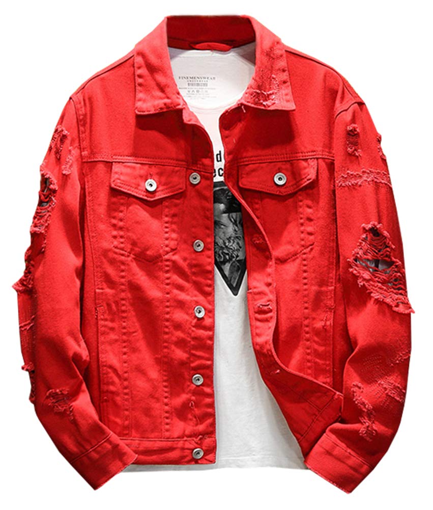 Kedera Distressed Denim Jacket Men's Button Down Denim Jacket Trucker Jean Coat, Red, L